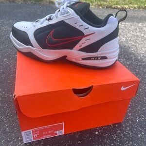 Nike Air Monarch IV Sneakers - Black and White with Red Accents